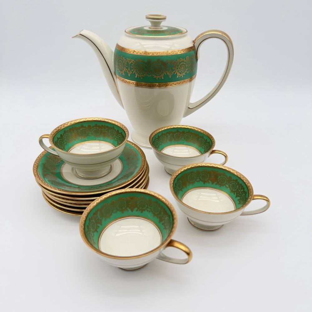 Vintage Rosenthal Winifred Selb Germany Green Gold Coffee Tea Set Porcelain